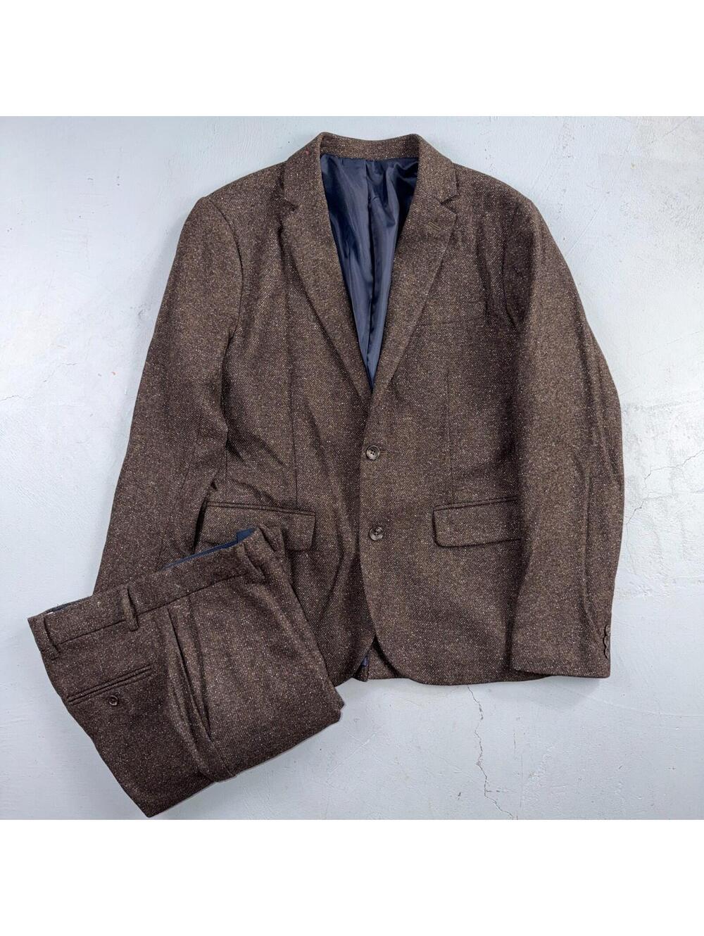 David Hart x GAP Brown Specked M Tweed Sport Coat Wool Silk Suit Pants 2PC 30x32